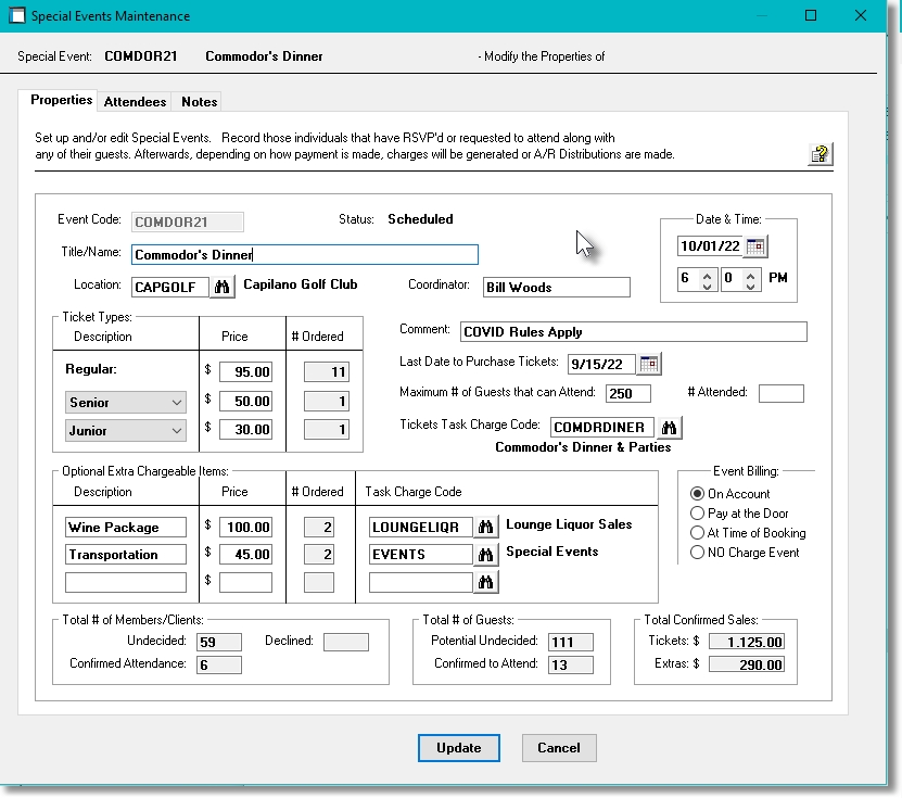 Marina Mate Accounting Special Event Properties Screen