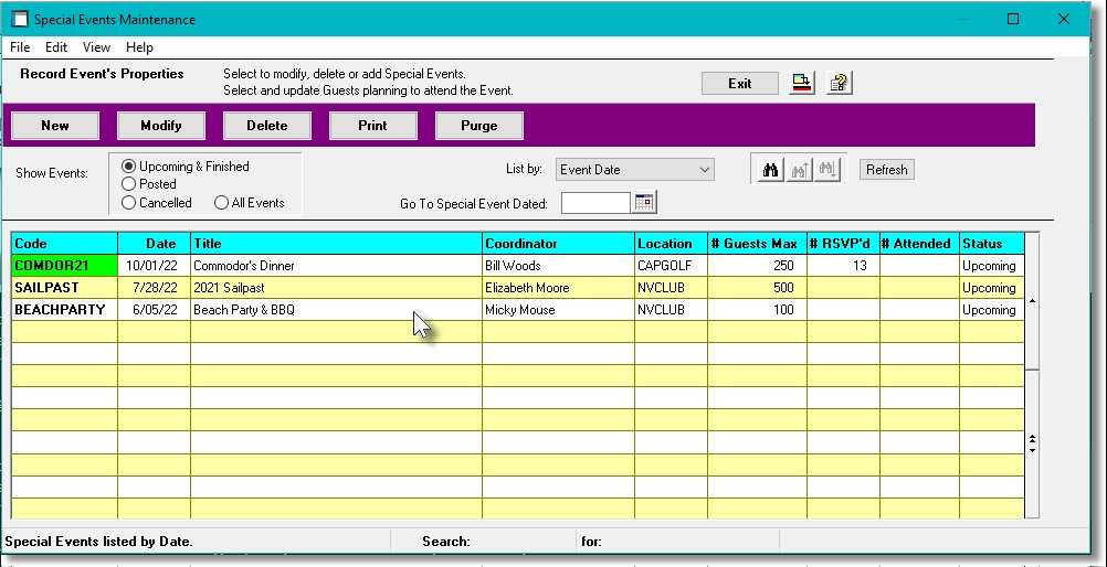 Marina Mate Accounting Special Events Grid Screen